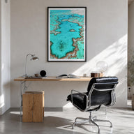 Great Barrier Reef colorful photo poster of Queensland, Australia – vertical wall art in black wood frame with white border, 