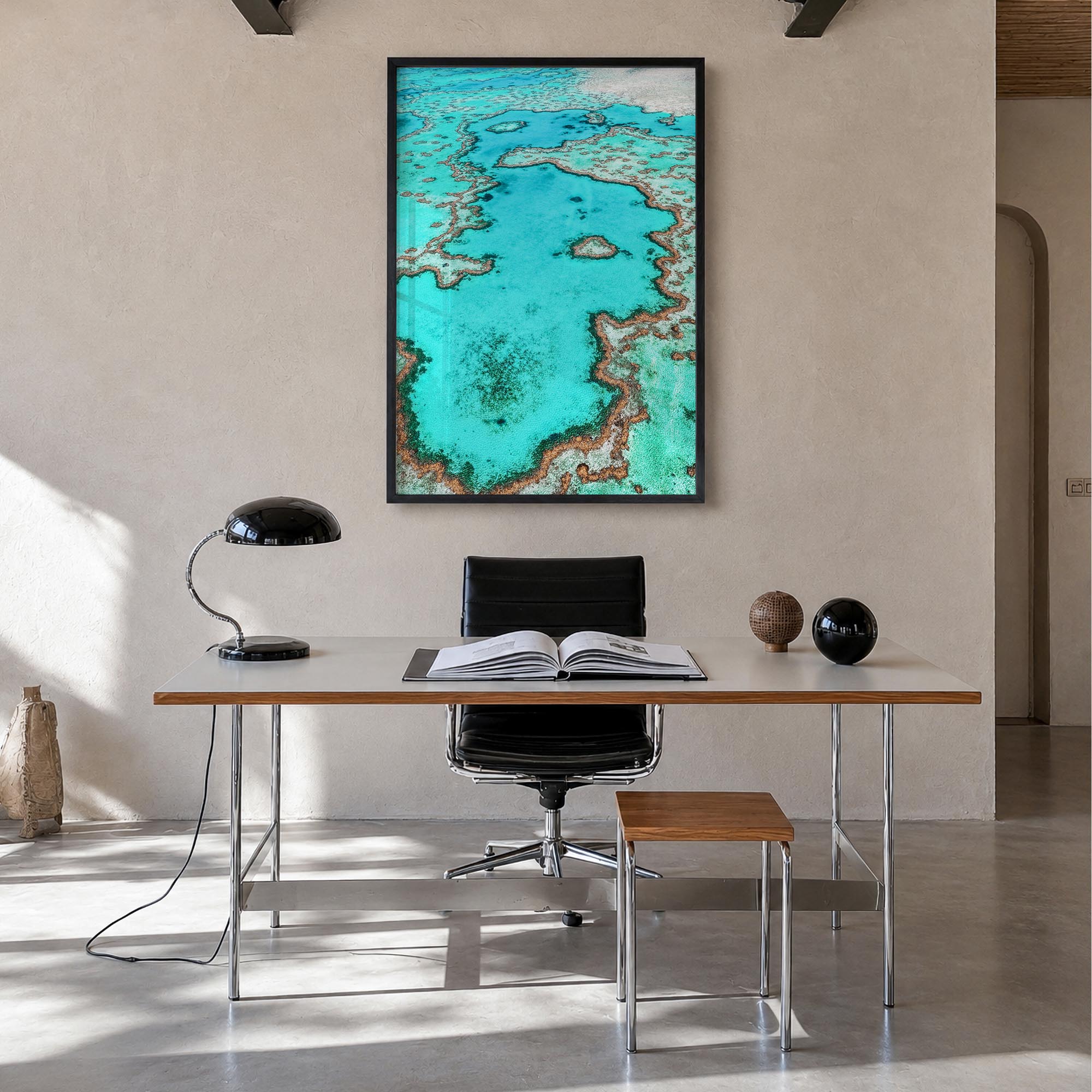 Great Barrier Reef colorful photo poster of Queensland, Australia – vertical wall art in black wood frame, hanging on wall