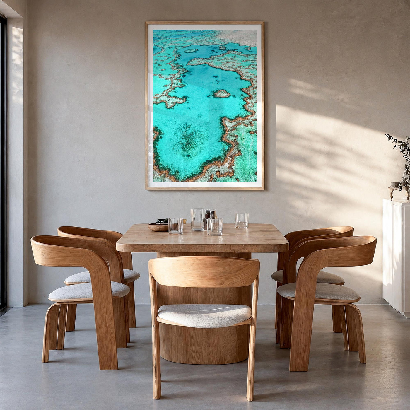 Great Barrier Reef colorful photo poster of Queensland, Australia – vertical wall art in natural wood frame with white border