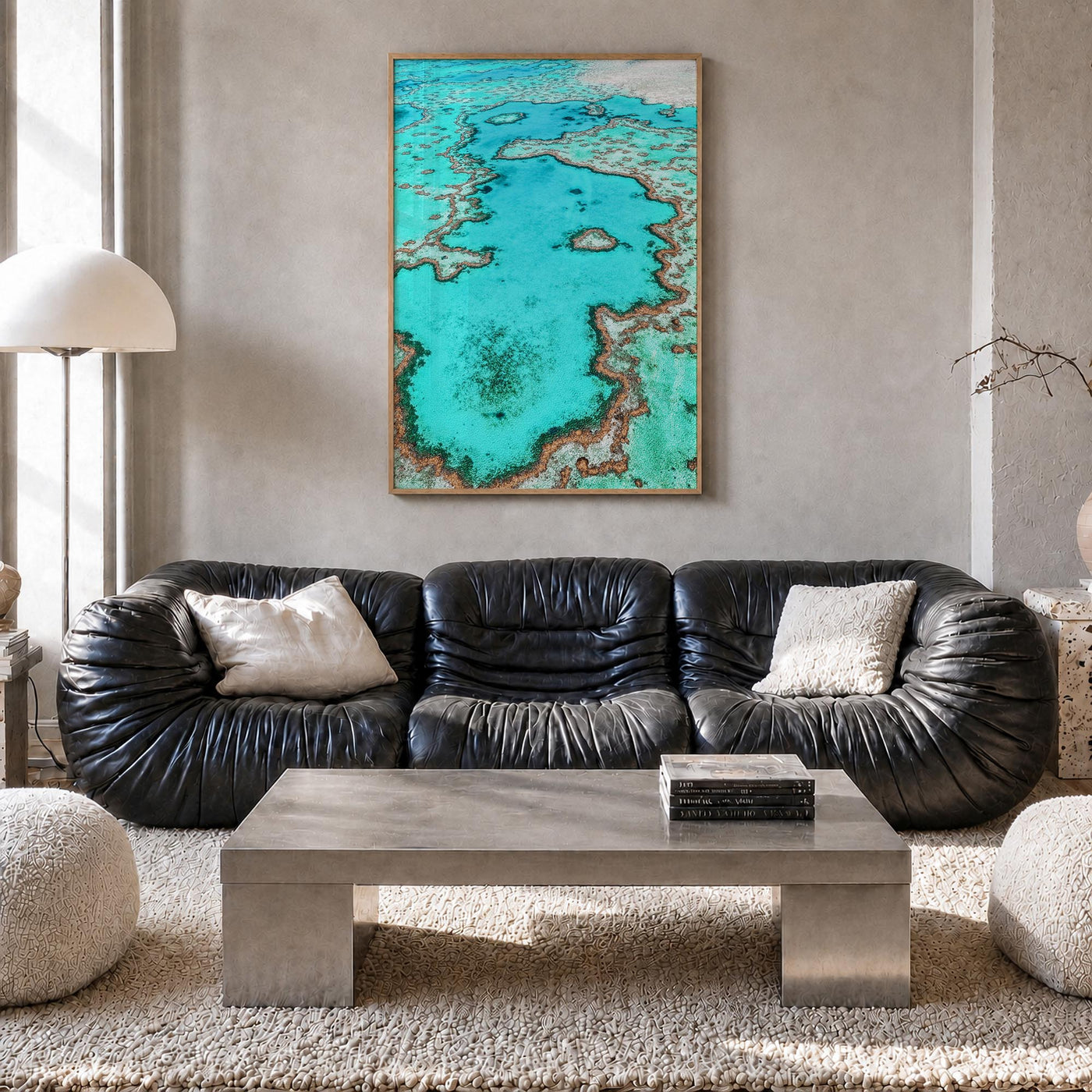 Great Barrier Reef colorful photo poster of Queensland, Australia – vertical wall art in natural wood frame, hanging on wall