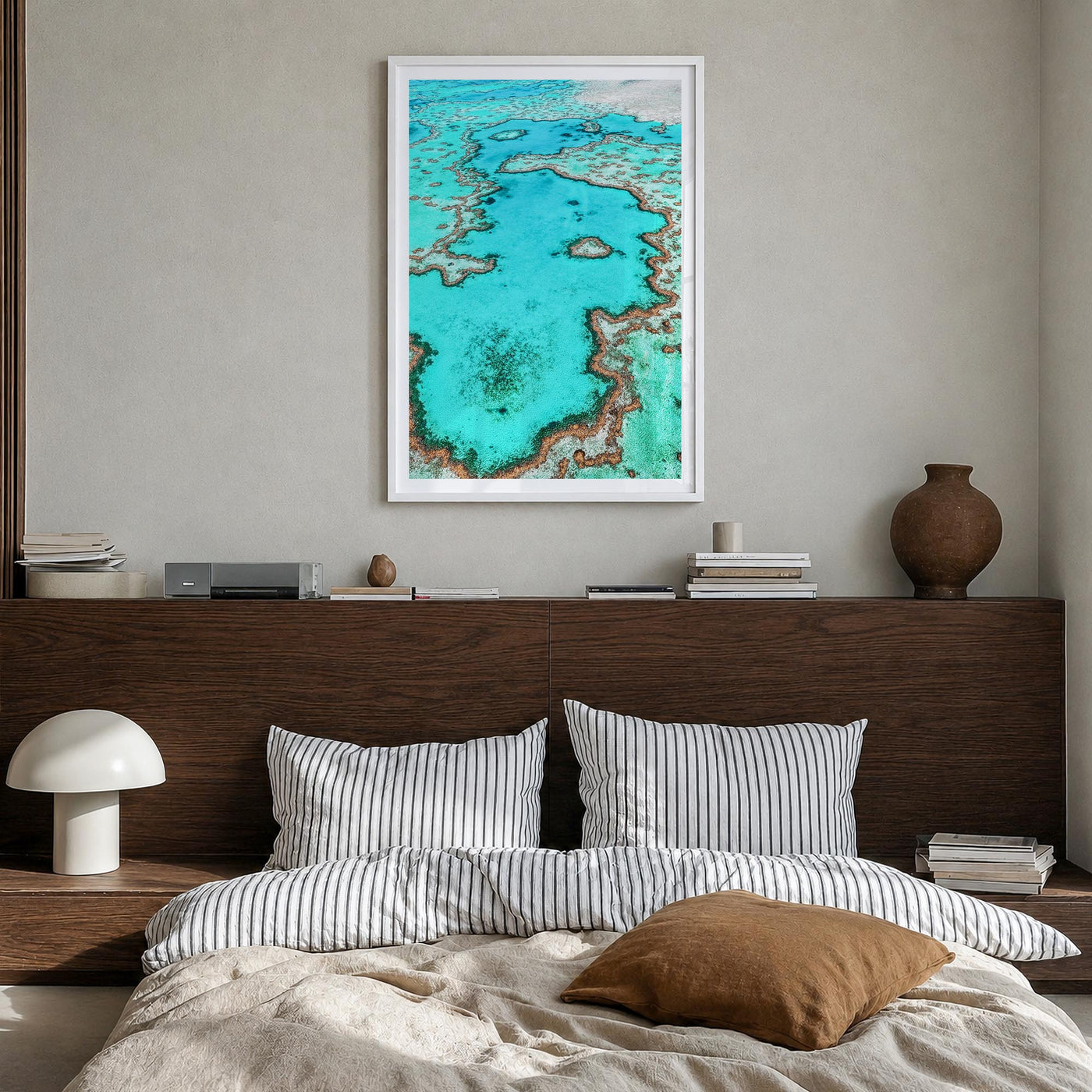 Great Barrier Reef colorful photo poster of Queensland, Australia – vertical wall art in white wood frame with white border, 
