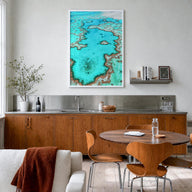 Great Barrier Reef colorful photo poster of Queensland, Australia – vertical wall art in white wood frame, hanging on wall