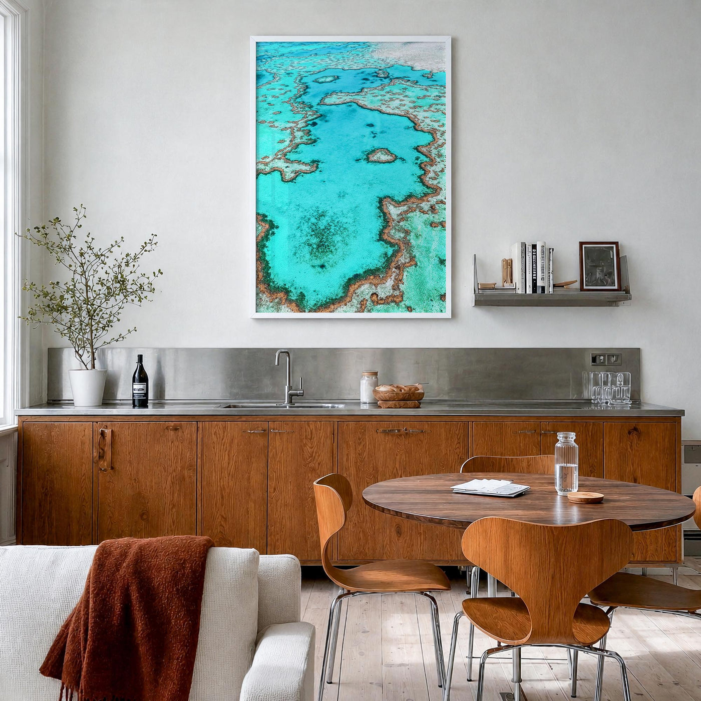 Great Barrier Reef colorful photo poster of Queensland, Australia – vertical wall art in white wood frame, hanging on wall