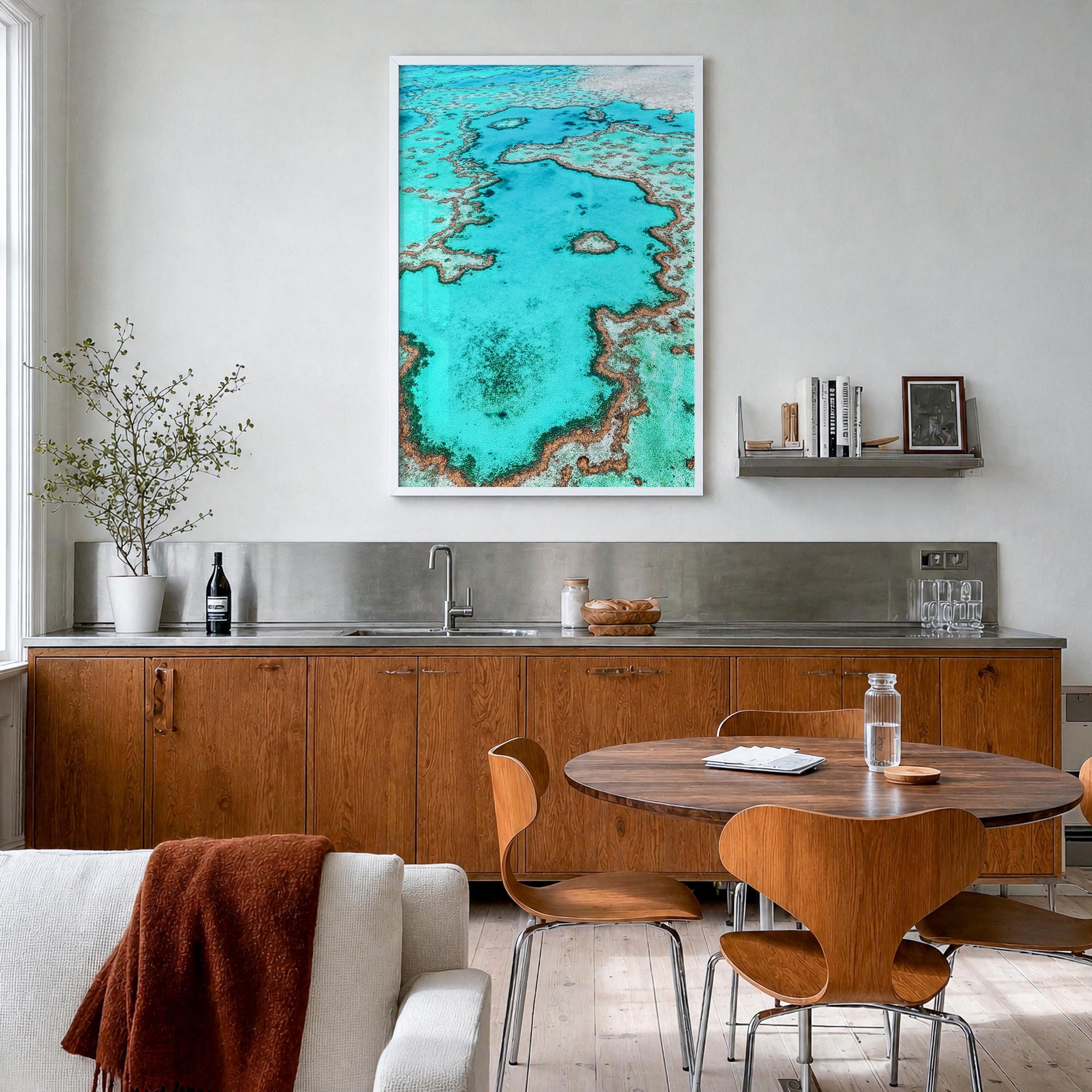 Great Barrier Reef colorful photo poster of Queensland, Australia – vertical wall art in white wood frame, hanging on wall