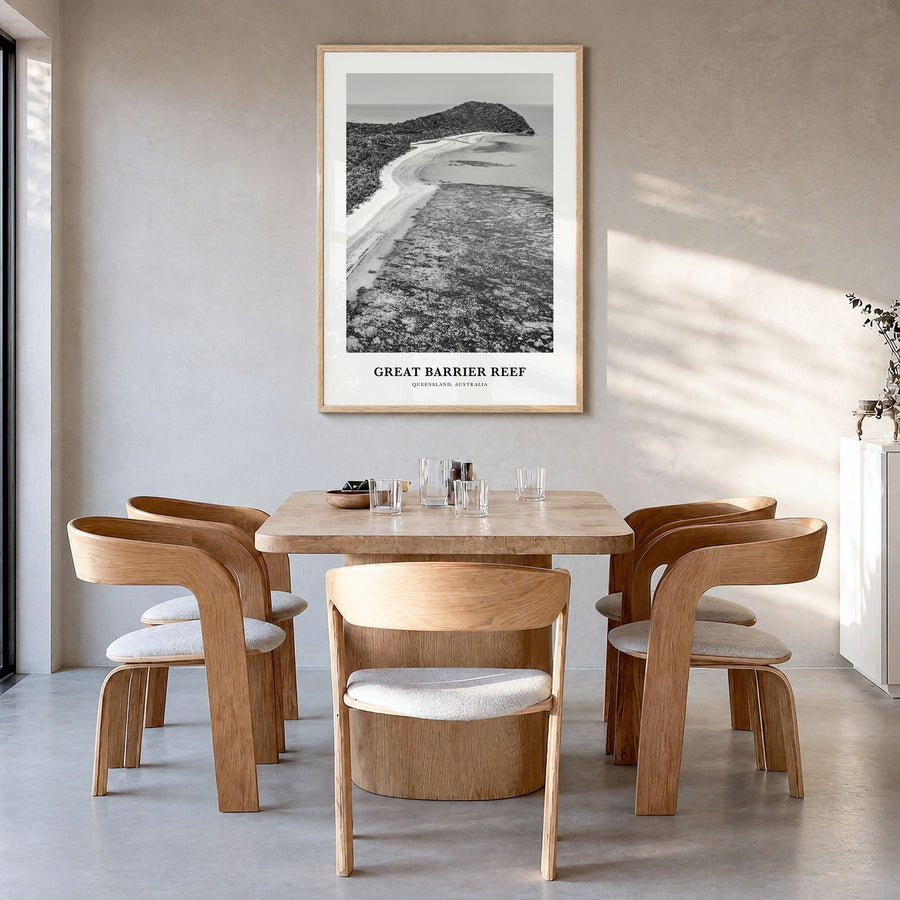 Great Barrier Reef Classic Poster in a natural wood frame, hanging in a dining room