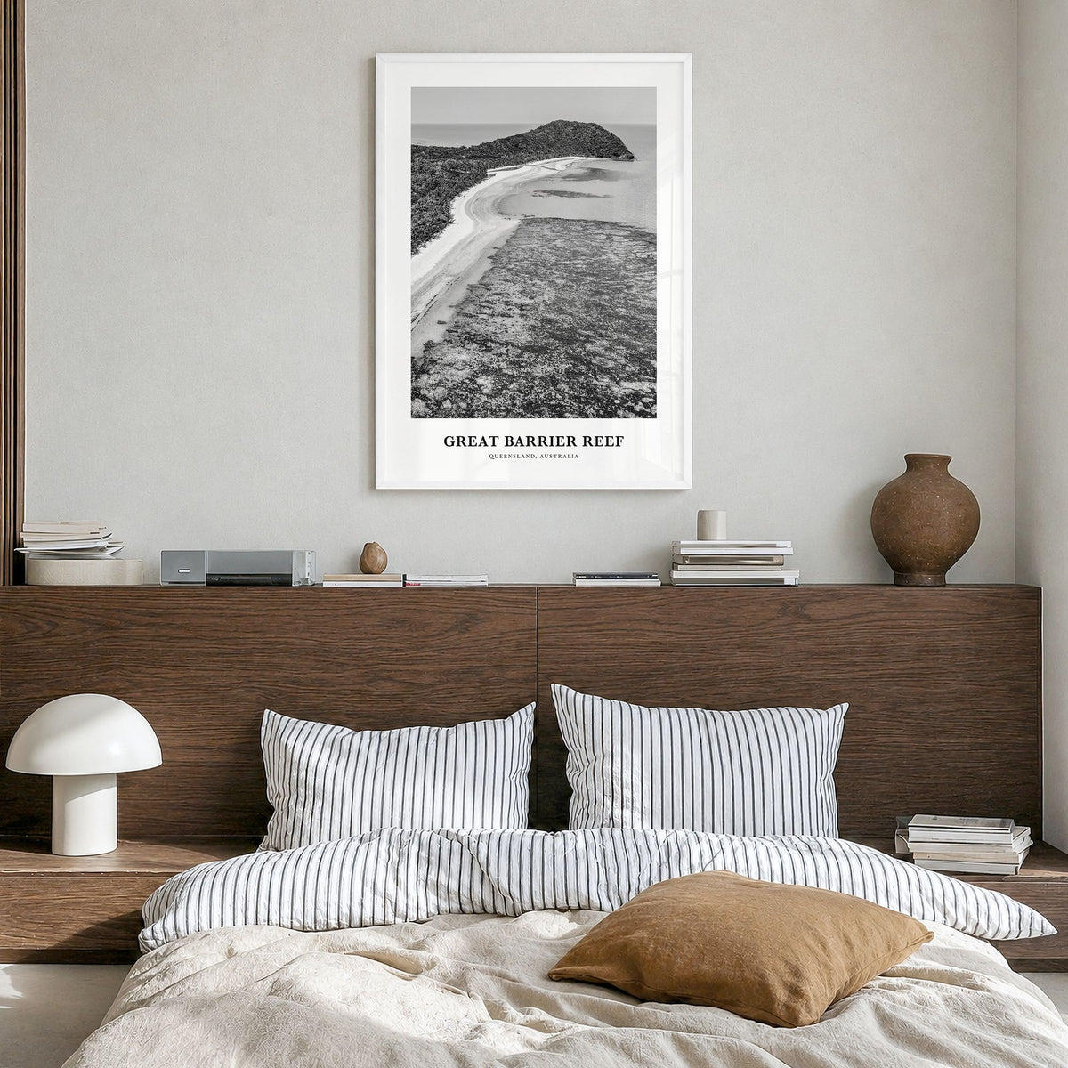 Great Barrier Reef Classic Poster in a white wood frame, hanging in a bedroom