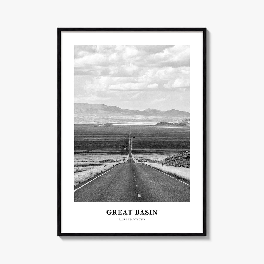 Great Basin black & white classic poster of Nevada, USA – vertical wall art, unframed print shown in interior mockup