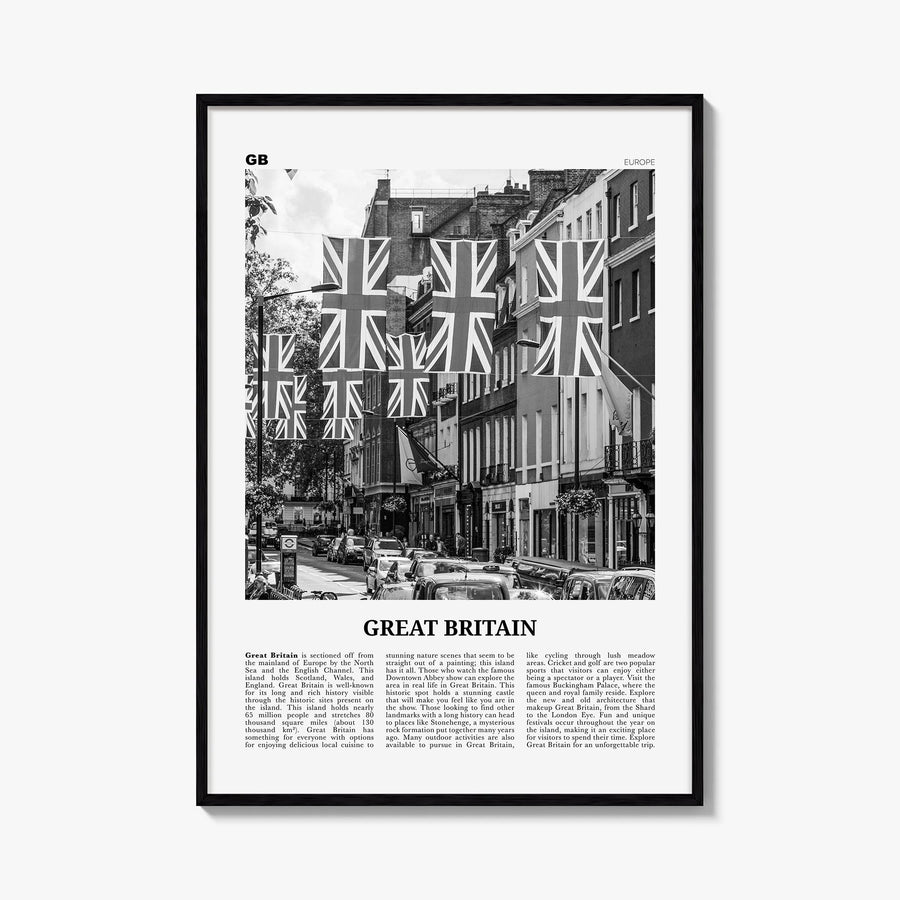 Great Britain black & white newspaper poster of United Kingdom – vertical wall art, unframed print shown in interior mockup