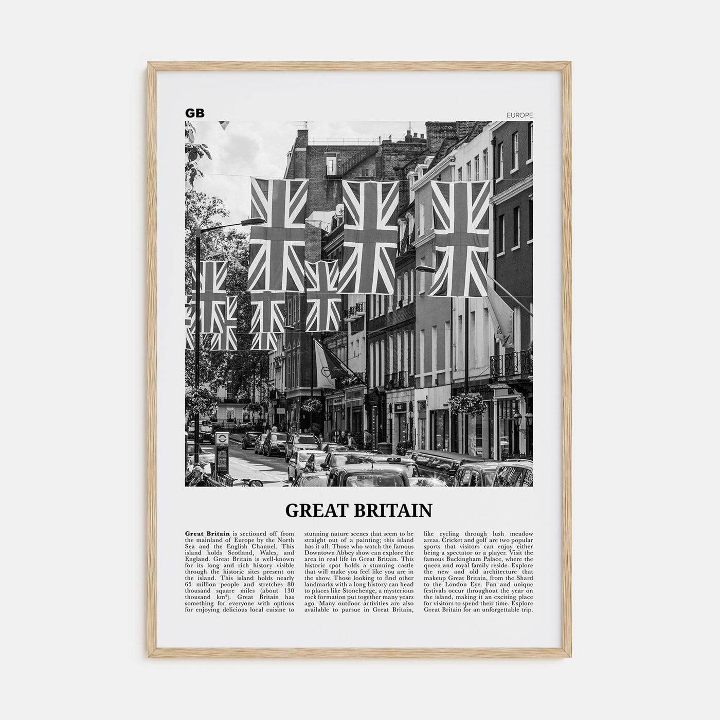 Great Britain Poster Natural Wood / 8x12 in Nbourhood Travel B&W Poster