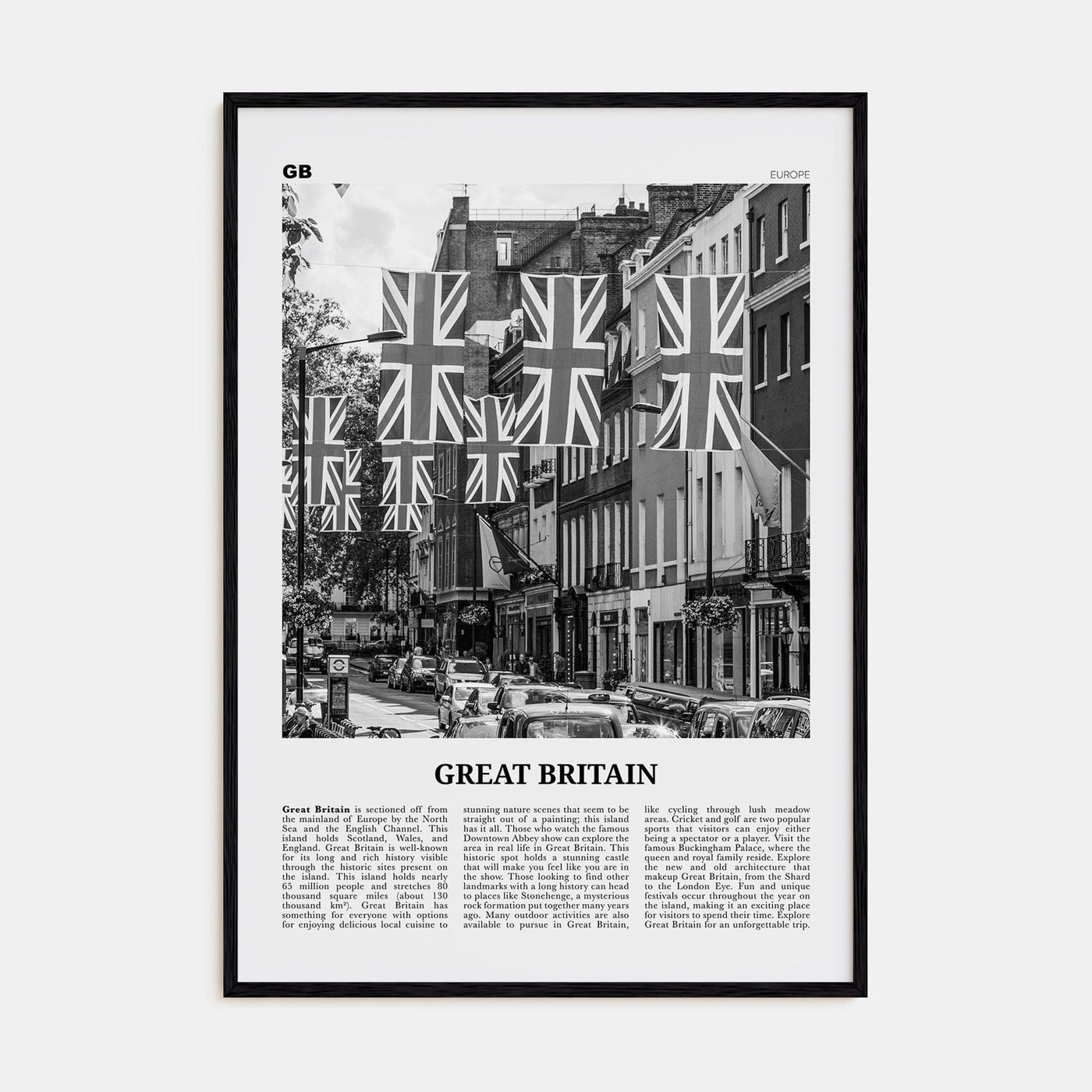 Great Britain Poster Black Wood / 8x12 in Nbourhood Travel B&W Poster