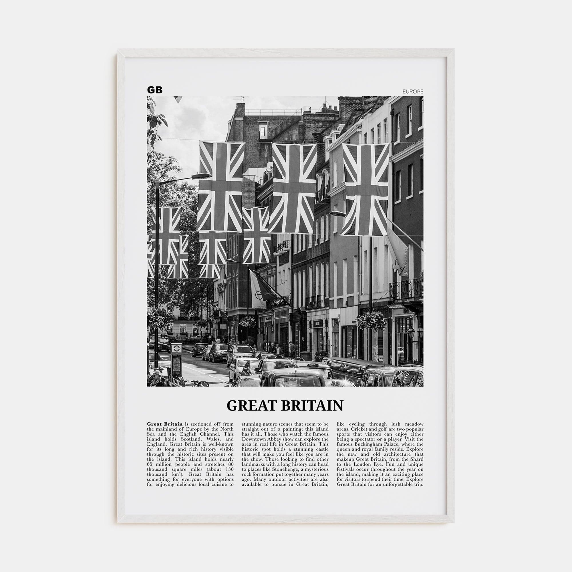 Great Britain Poster White Wood / 8x12 in Nbourhood Travel B&W Poster