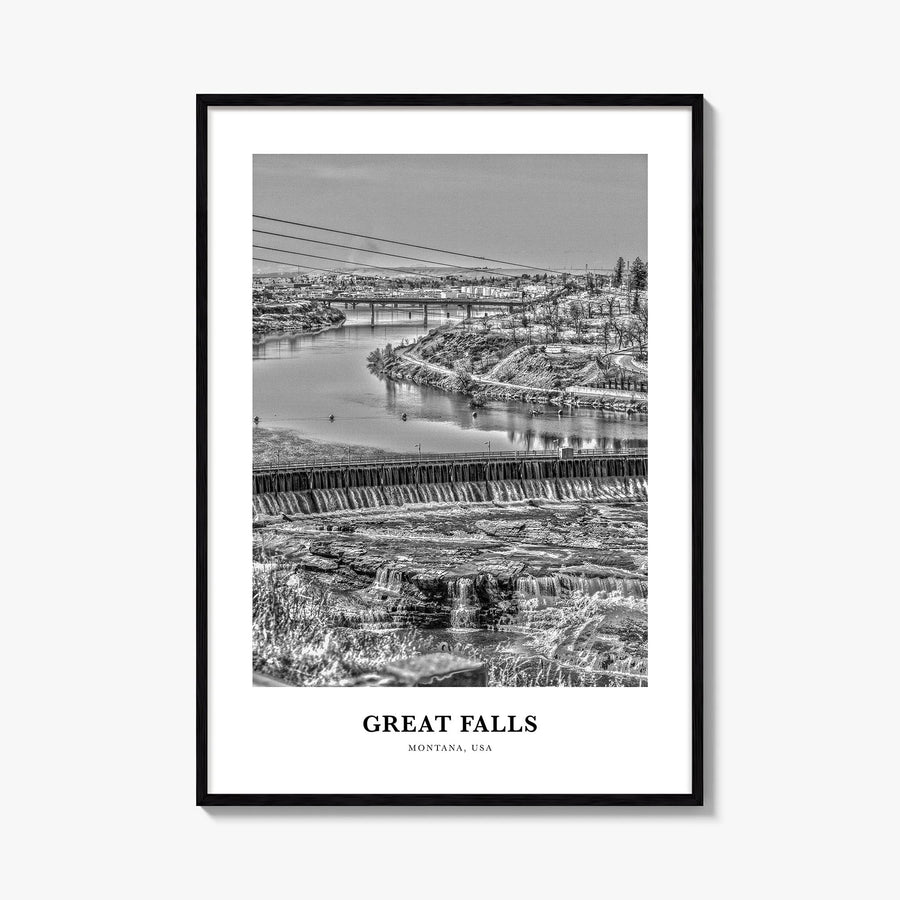 Great Falls, Montana black & white classic poster of Montana, USA – vertical wall art, unframed print shown in interior mocku