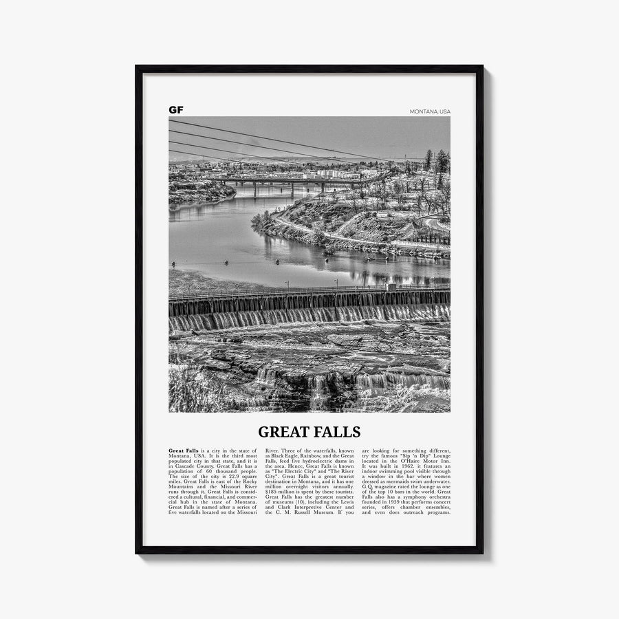 Great Falls, Montana black & white newspaper poster of Montana, USA – vertical wall art, unframed print shown in interior moc