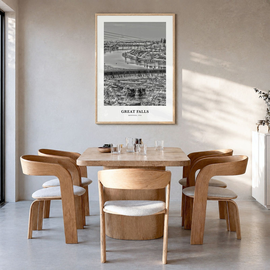 Great Falls, Montana Classic Poster in a natural wood frame, hanging in a dining room