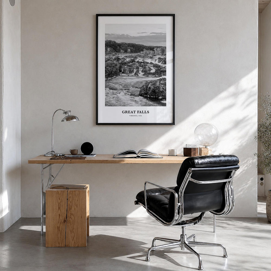 Great Falls, Virginia black & white classic poster of Virginia, USA – vertical wall art in black wood frame, hanging on wall