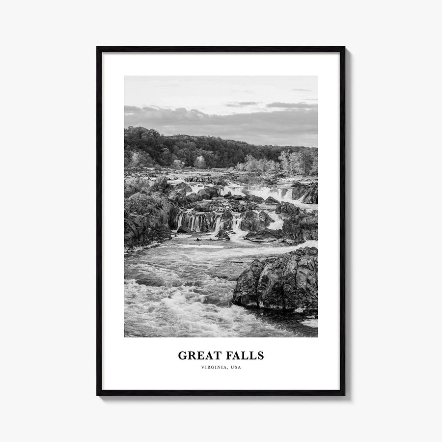 Great Falls, Virginia black & white classic poster of Virginia, USA – vertical wall art, unframed print shown in interior moc