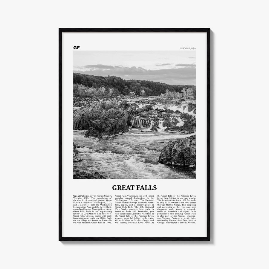 Great Falls, Virginia black & white newspaper poster of Virginia, USA – vertical wall art, unframed print shown in interior m