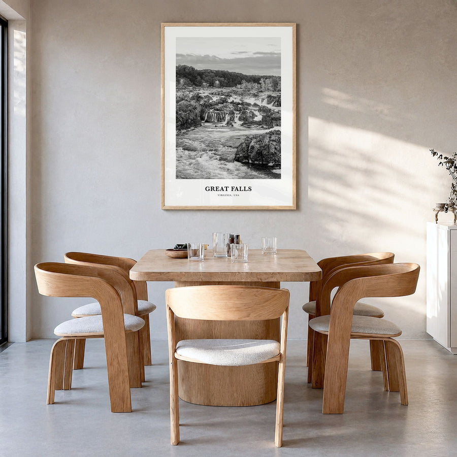 Great Falls, Virginia Classic Poster in a natural wood frame, hanging in a dining room