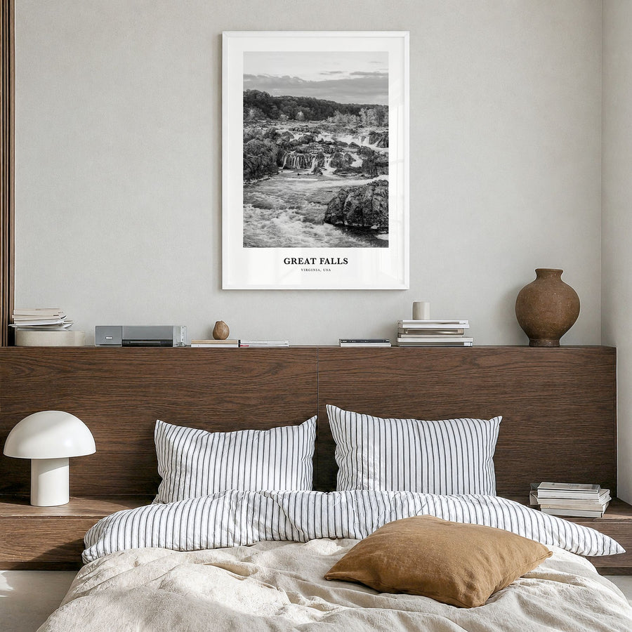 Great Falls, Virginia Classic Poster in a white wood frame, hanging in a bedroom