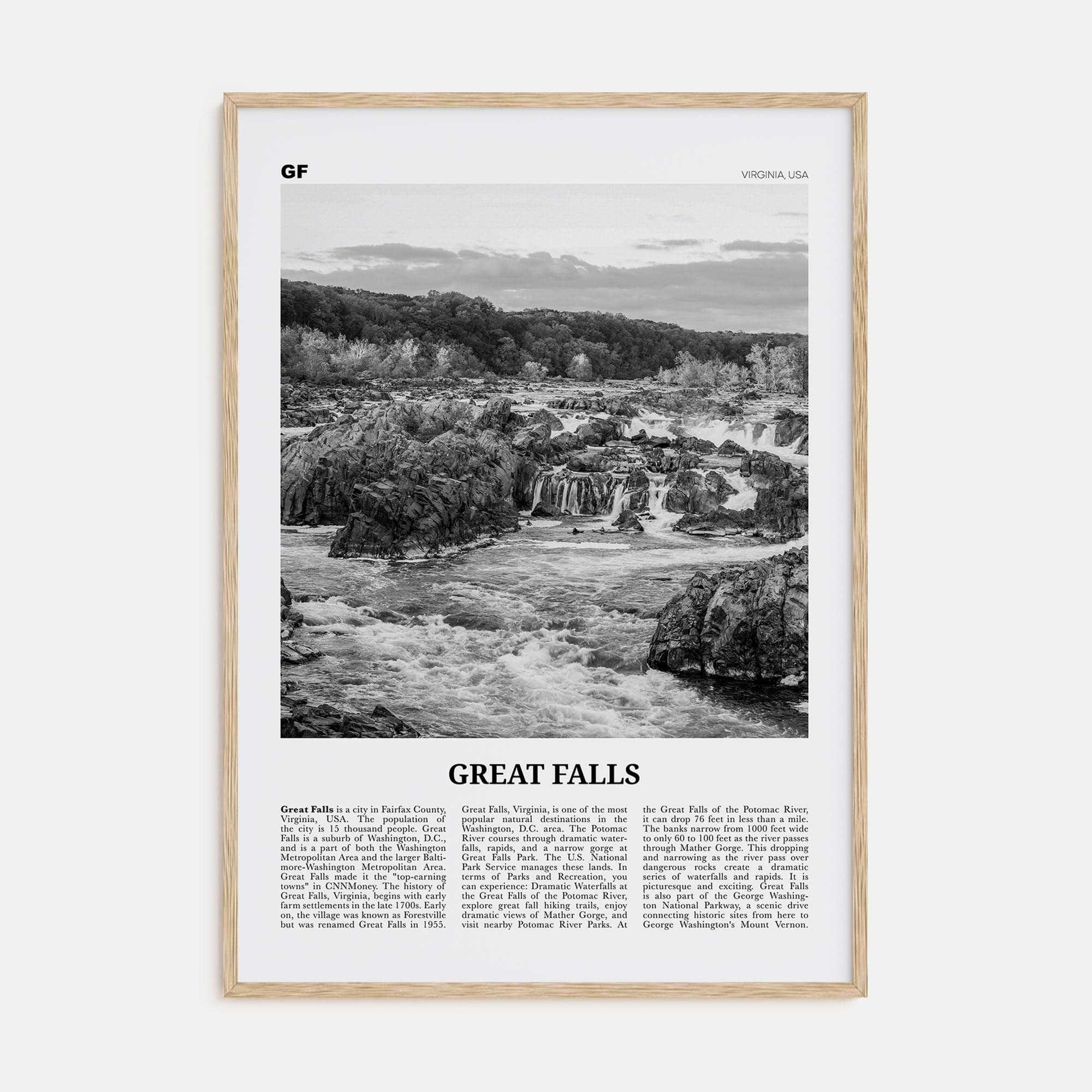 Great Falls, Virginia Poster Natural Wood / 8x12 in Nbourhood Travel B&W Poster