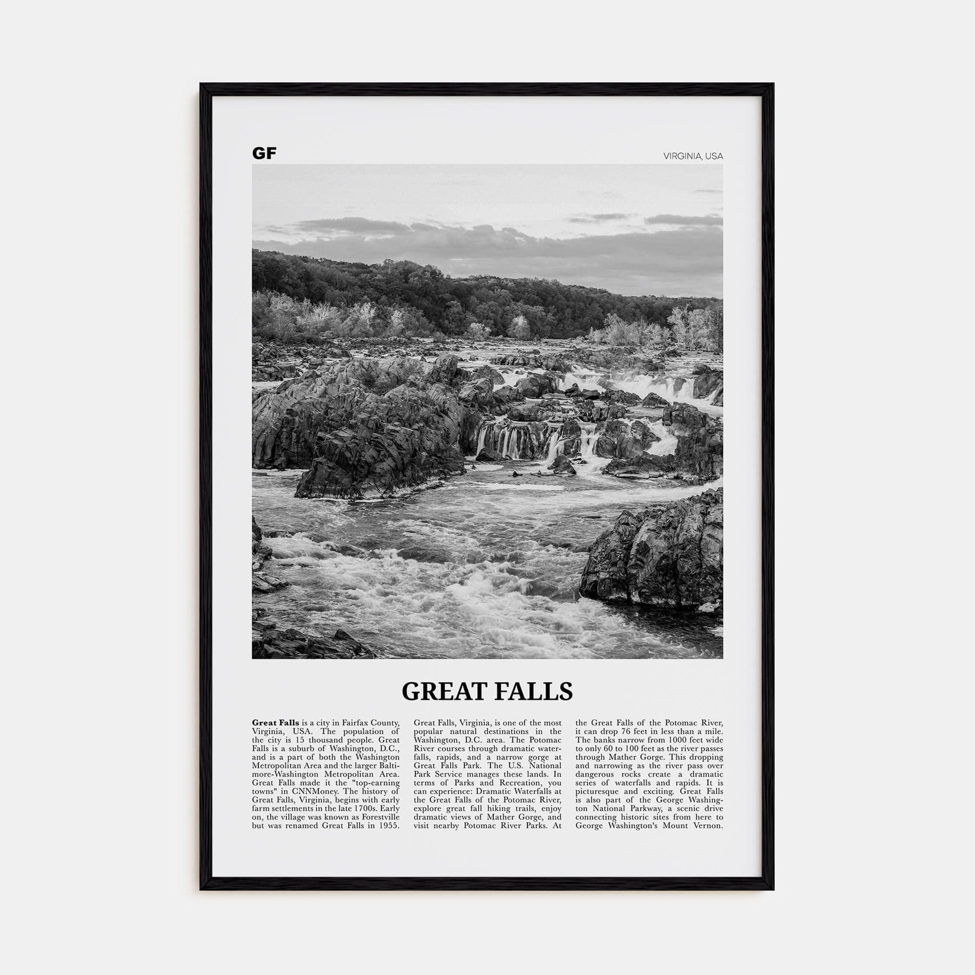 Great Falls, Virginia Poster Black Wood / 8x12 in Nbourhood Travel B&W Poster