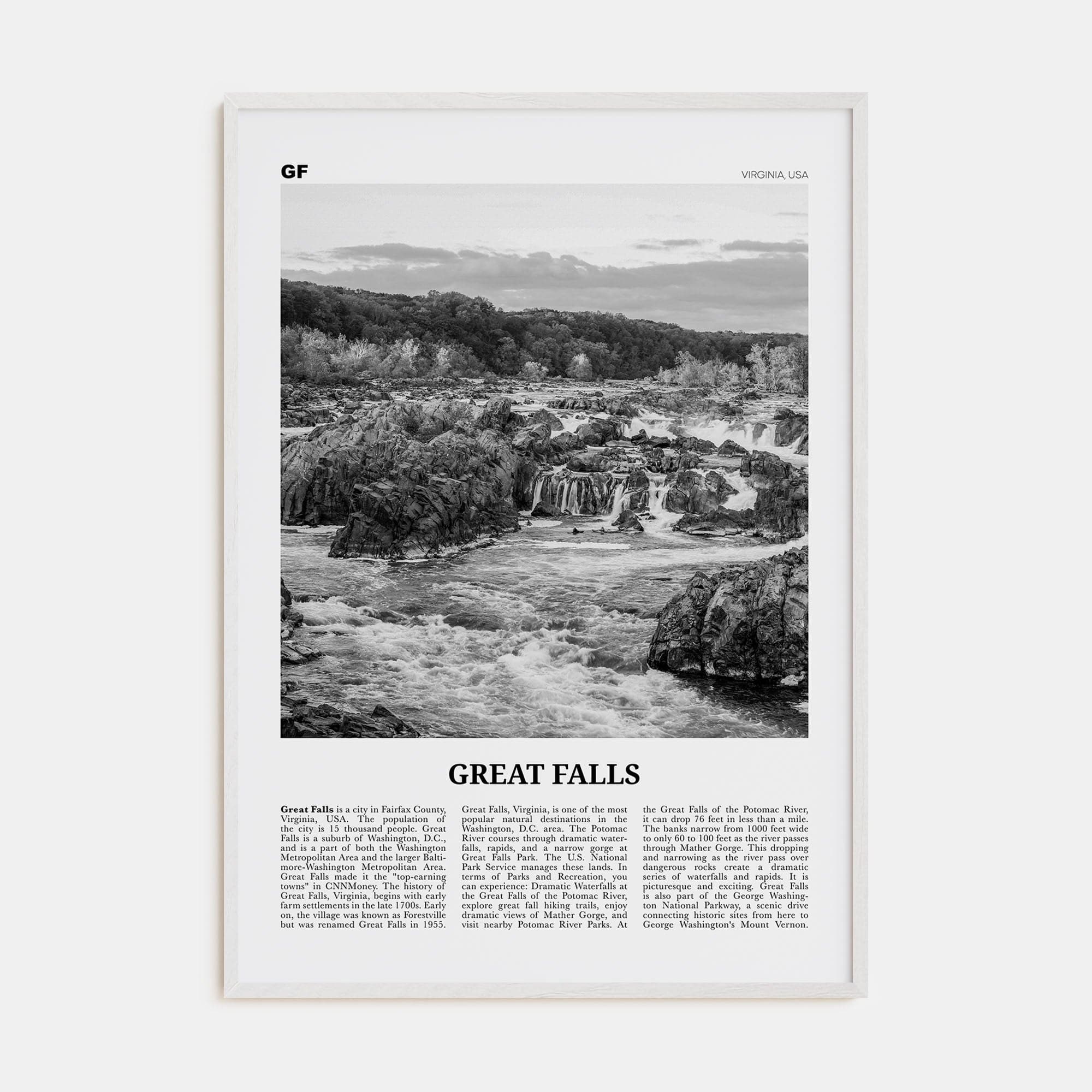 Great Falls, Virginia Poster White Wood / 8x12 in Nbourhood Travel B&W Poster