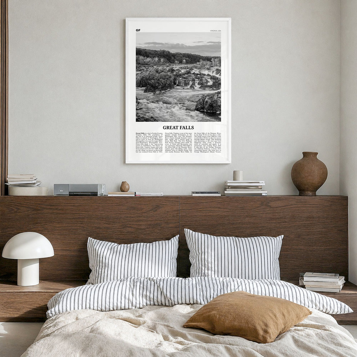 Great Falls, Virginia Newspaper Poster in a white wood frame, hanging in a bedroom