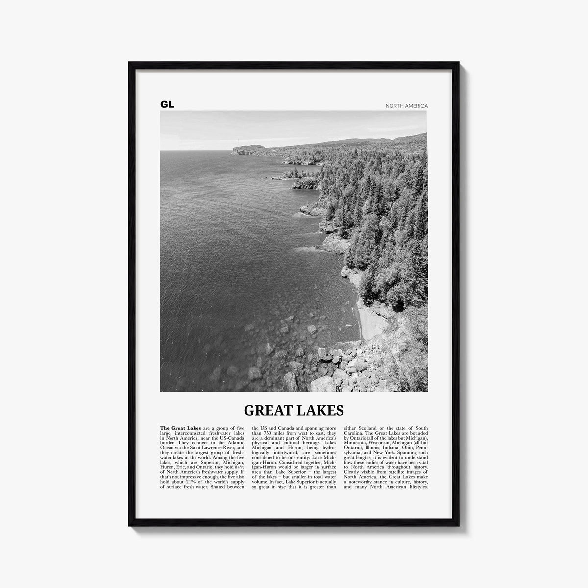 Great Lakes black & white newspaper poster of North America – vertical wall art, unframed print shown in interior mockup