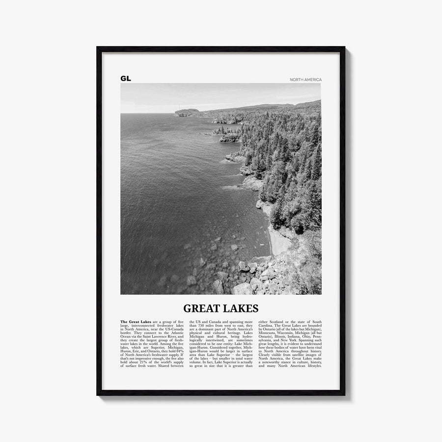 Great Lakes black & white newspaper poster of North America – vertical wall art, unframed print shown in interior mockup