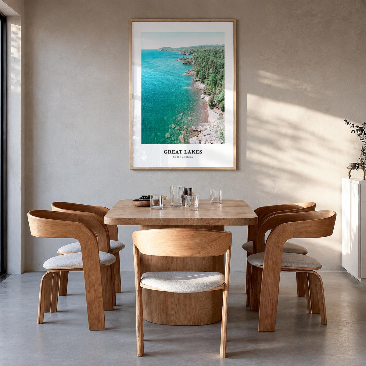 Great Lakes colorful classic poster of North America – vertical wall art in natural wood frame, hanging on wall
