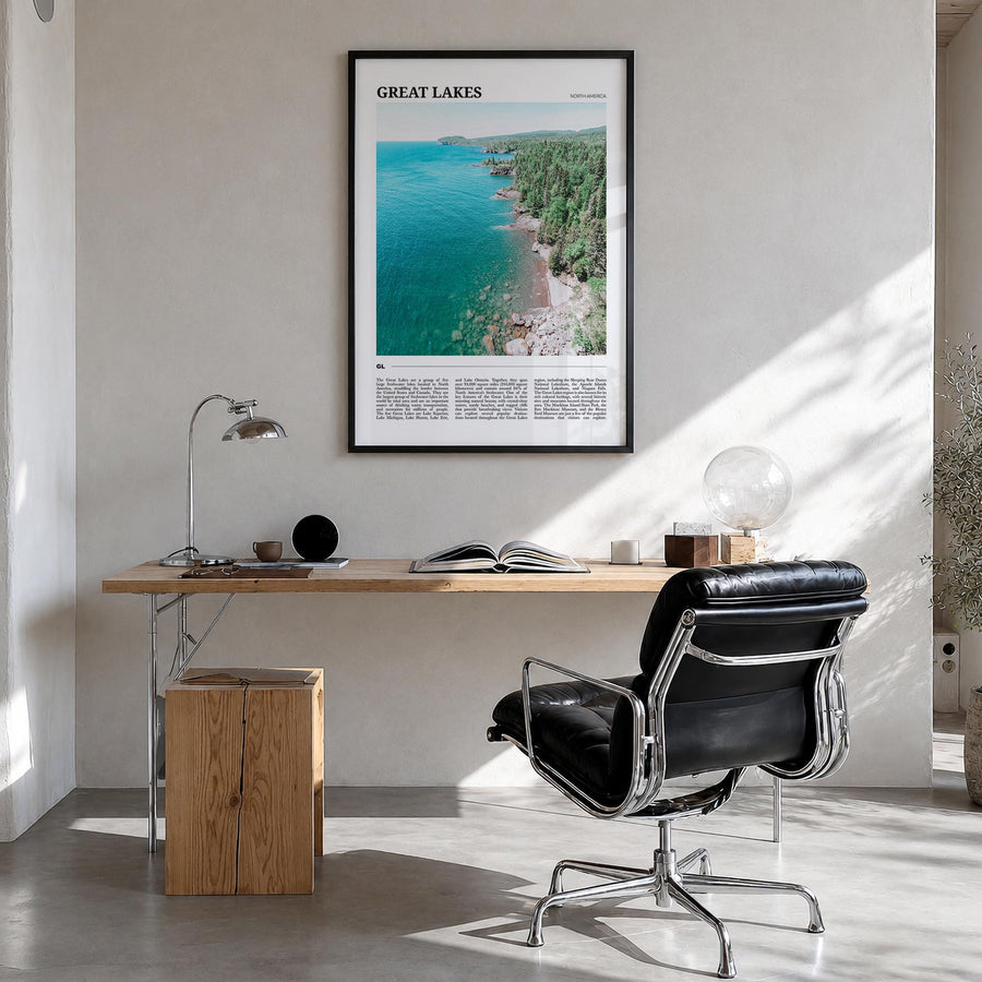 Great Lakes colorful travel poster of North America – vertical wall art in black wood frame, hanging on wall