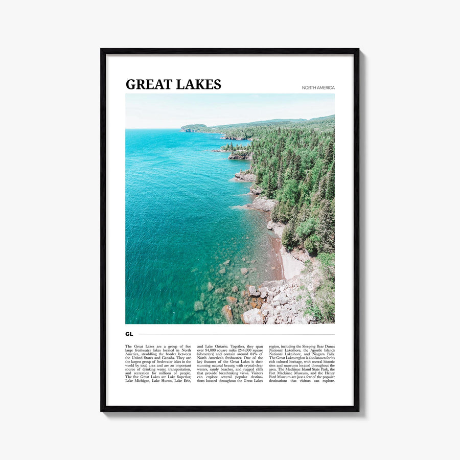 Great Lakes colorful travel poster of North America – vertical wall art, unframed print shown in interior mockup