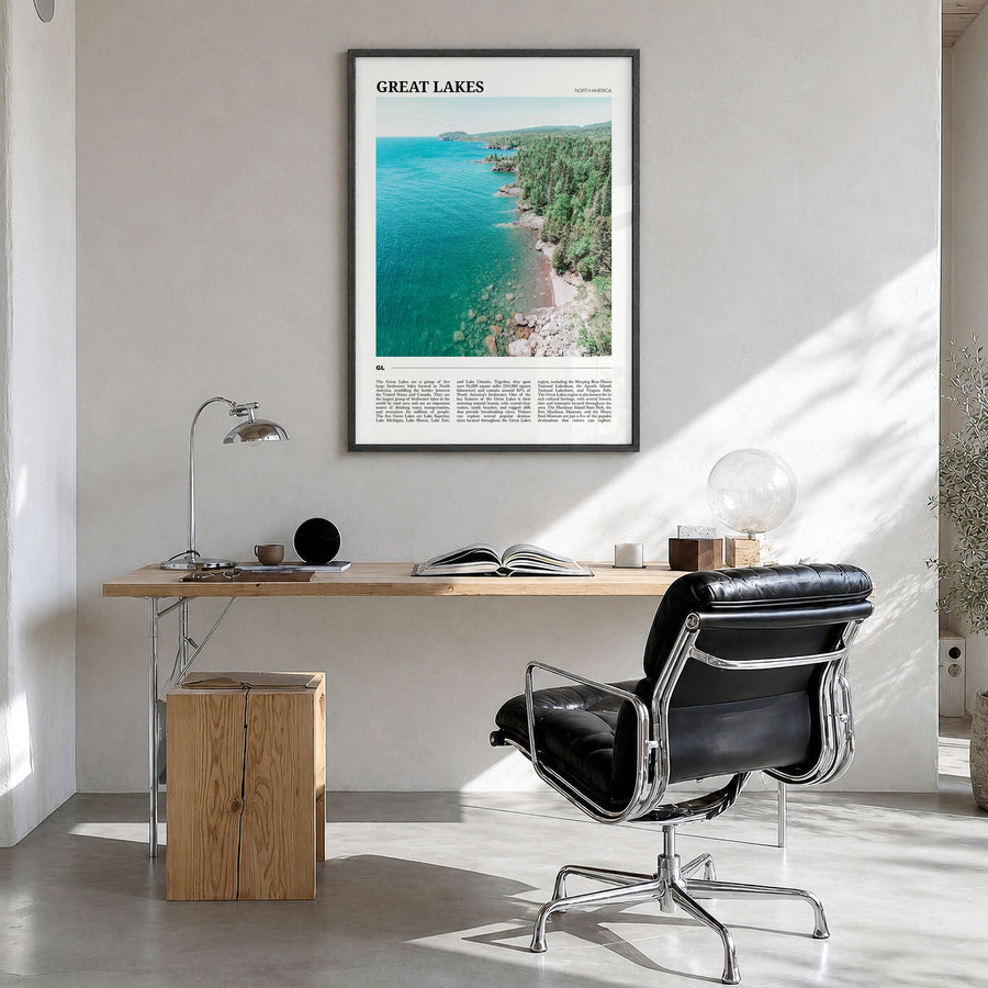 Great Lakes Travel Poster in a black wood frame, hanging in a bright home office