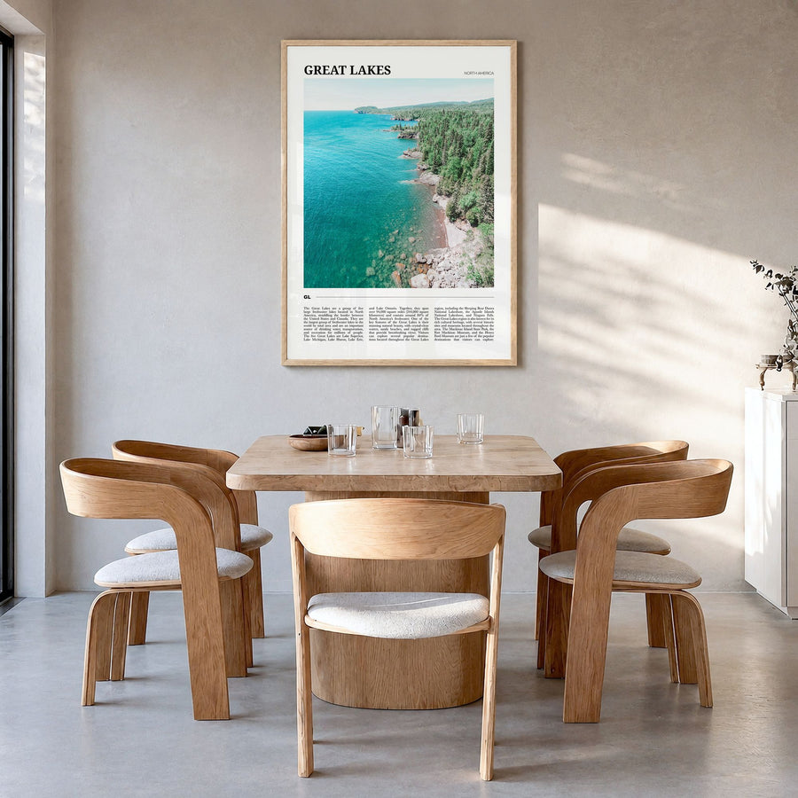 Great Lakes Travel Poster in a natural wood frame, hanging in a dining room