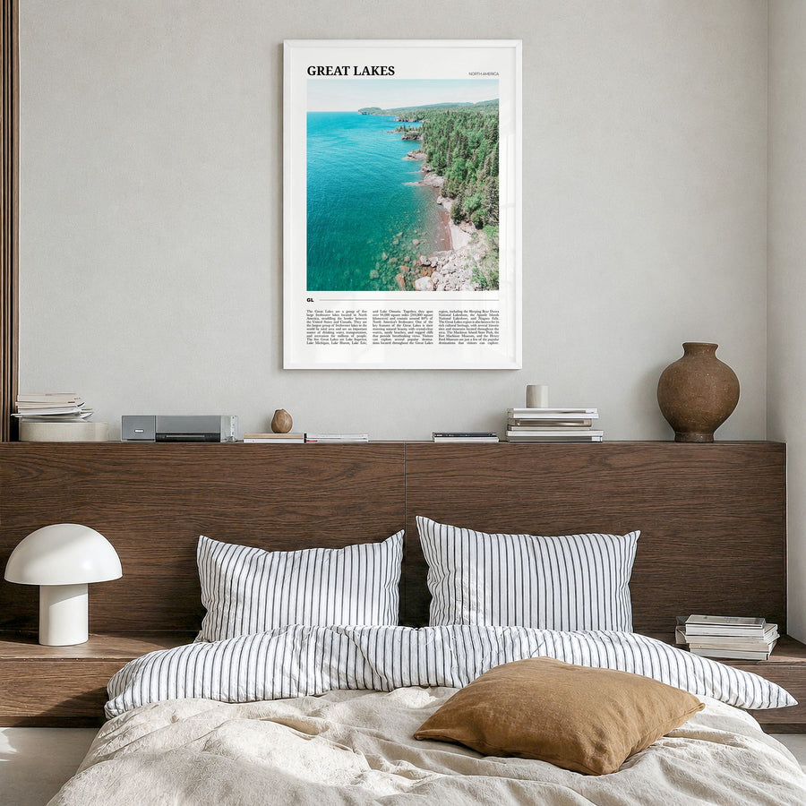 Great Lakes Travel Poster in a white wood frame, hanging in a bedroom