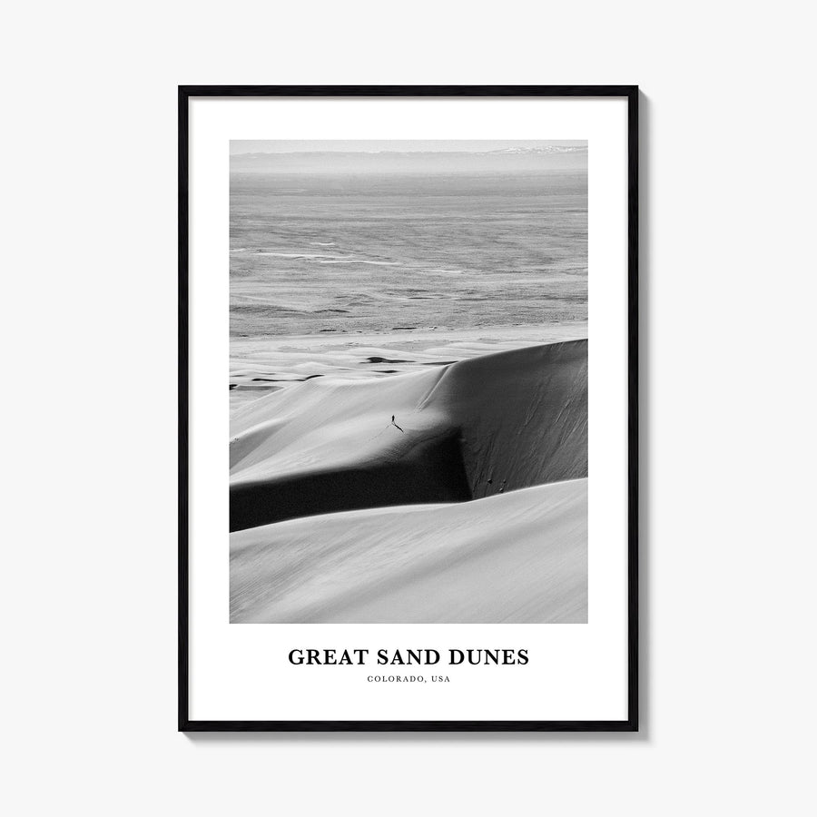 Great Sand Dunes National Park black & white classic poster of Colorado, USA – vertical wall art, unframed print shown in int