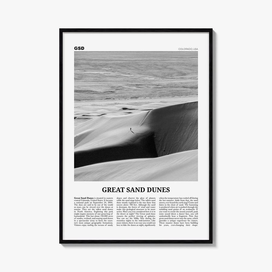 Great Sand Dunes National Park black & white newspaper poster of Colorado, USA – vertical wall art, unframed print shown in i