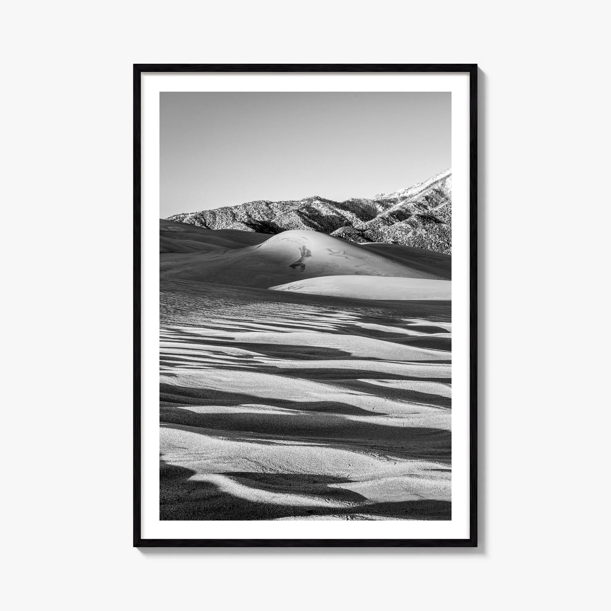 Great Sand Dunes National Park black & white photo poster of Colorado, USA – vertical wall art, unframed print shown in inter