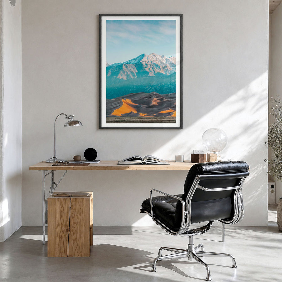 Great Sand Dunes National Park Photo Poster in a black wood frame, hanging in a bright home office, white border