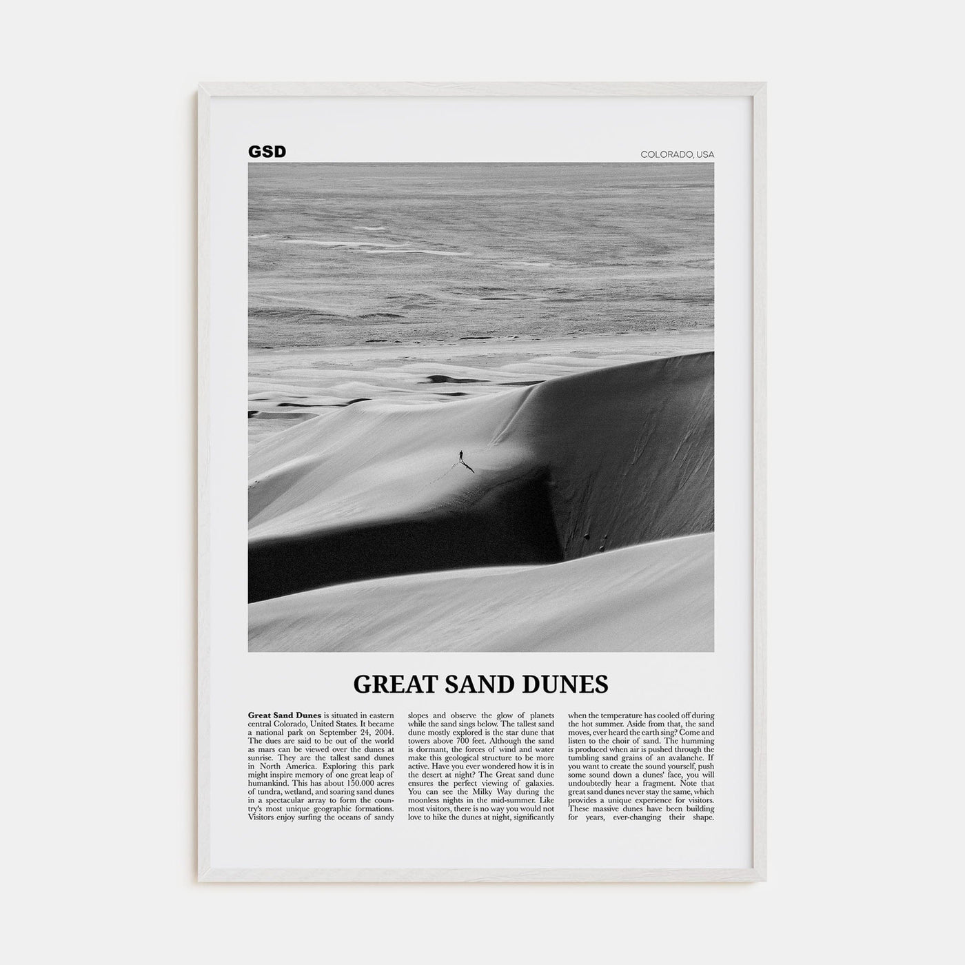 Great Sand Dunes National Park Poster White Wood / 8x12 in Nbourhood Travel B&W Poster