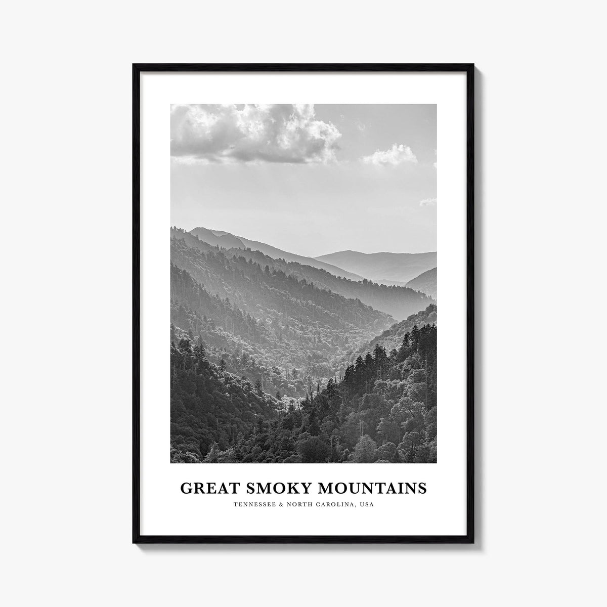 Great Smoky Mountains National Park black & white classic poster of Tennessee & North Carolina, USA – vertical wall art, unfr