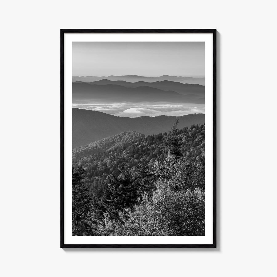 Great Smoky Mountains National Park black & white photo poster of Tennessee & North Carolina, USA – vertical wall art, unfram