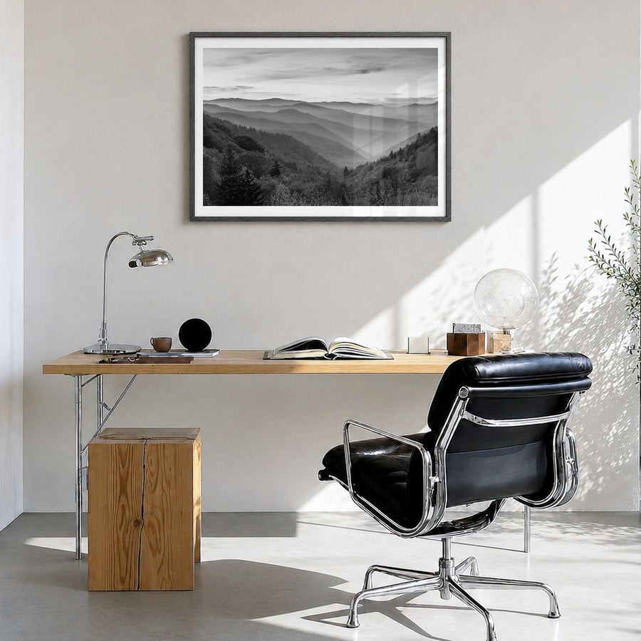 Great Smoky Mountains National Park Photo No 1 Poster in a black wood frame, hanging in a bright home office, white border
