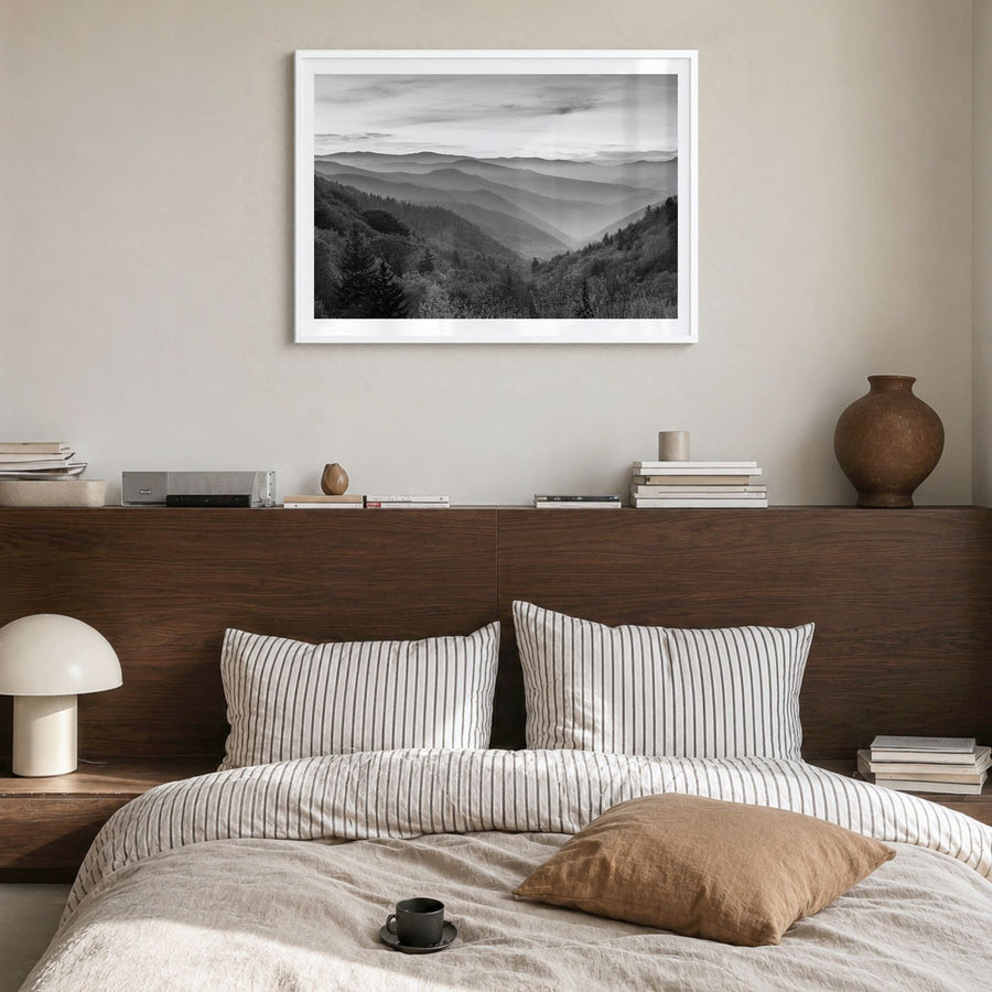 Great Smoky Mountains National Park Photo No 1 Poster in a white wood frame, hanging in a bedroom, white border