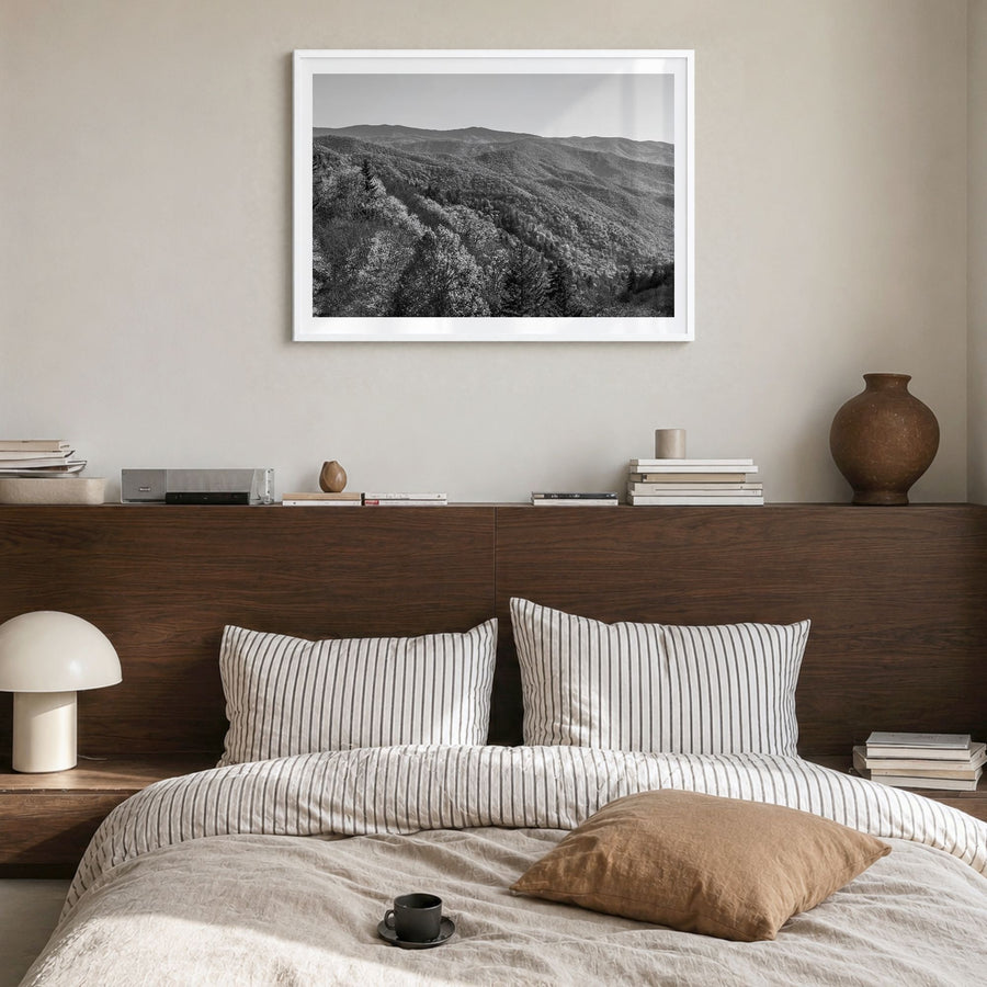 Great Smoky Mountains National Park Photo No 2 Poster in a white wood frame, hanging in a bedroom, white border