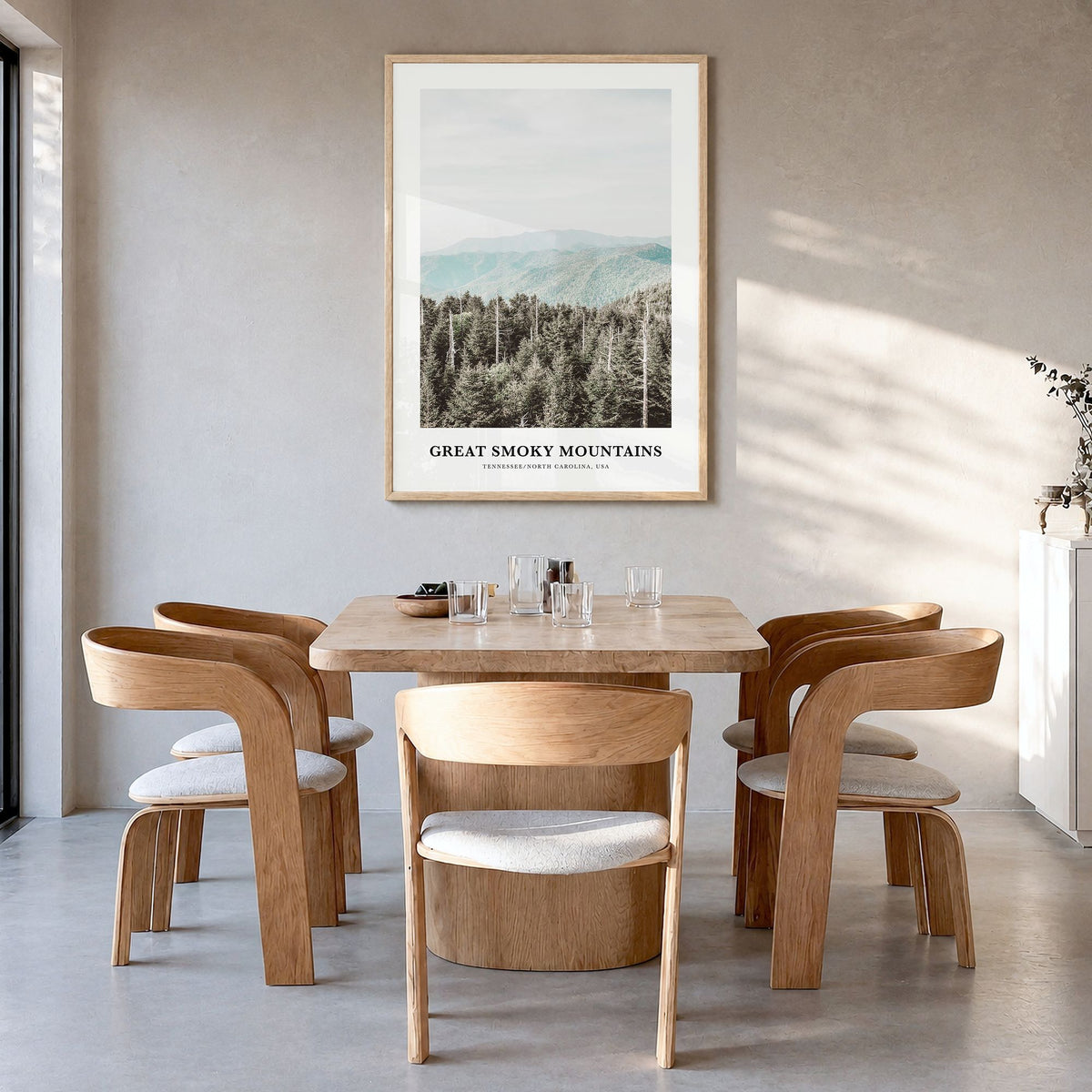 Great Smoky Mountains National Park Classic Poster in a natural wood frame, hanging in a dining room