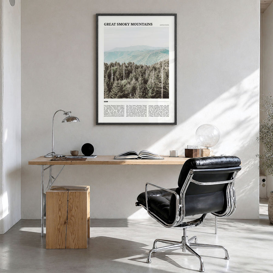 Great Smoky Mountains National Park Travel Poster in a black wood frame, hanging in a bright home office