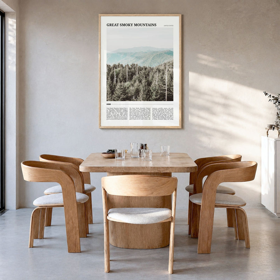 Great Smoky Mountains National Park Travel Poster in a natural wood frame, hanging in a dining room