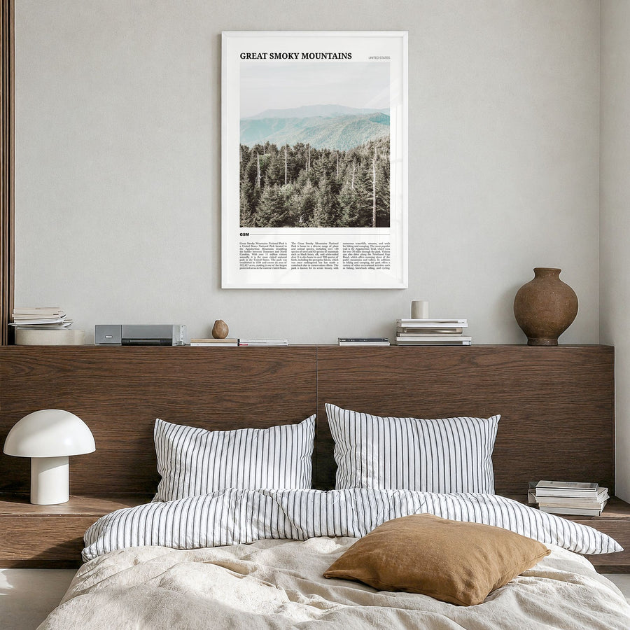 Great Smoky Mountains National Park Travel Poster in a white wood frame, hanging in a bedroom