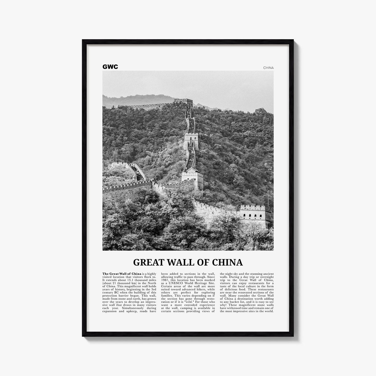 Great Wall of China black & white newspaper poster of China – vertical wall art, unframed print shown in interior mockup